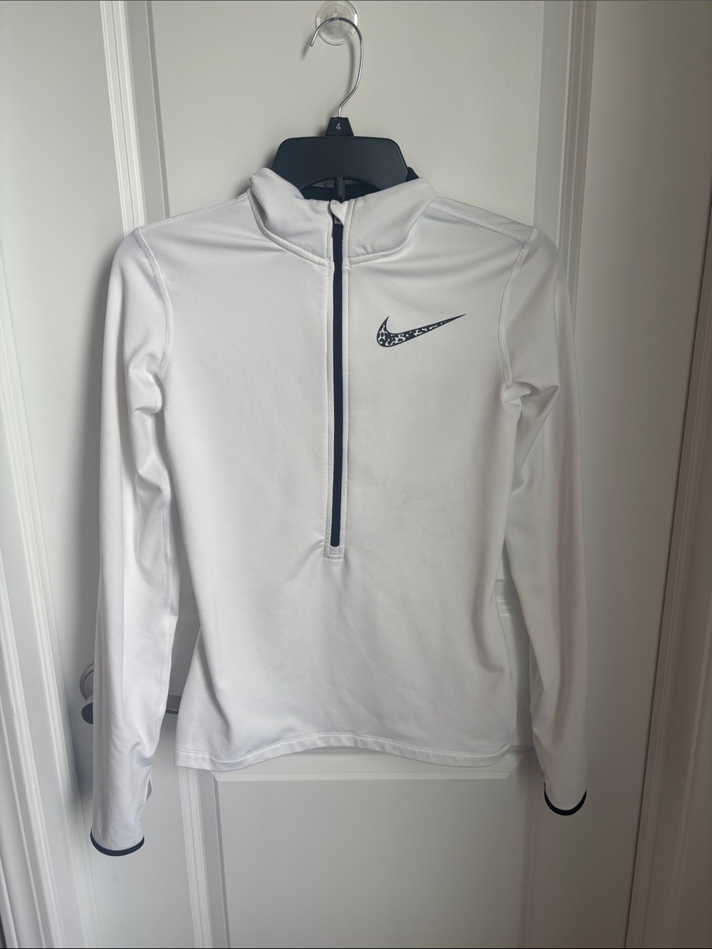 Nike White Long-Sleeve Quarter Zip Pullover Athletic Top with Leopard Swoosh